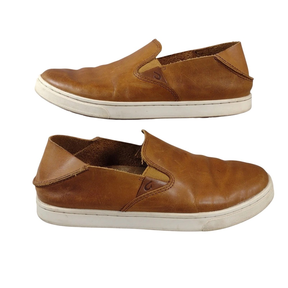 Olukai Slip-on Shoes Womens 9.5 Pehuea Leather Tan Brown Beach Drop-In Heel